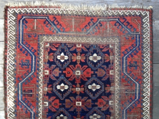 Iconic Mina Khani Baluch, ca 3rd Qtr 19thC. All organic saturated colors including light and dark blues. Prominent "Turkman Line" border design. Size: 58X36in./147X91cm. Areas of oxidation and wear. Buyer pays shipping.  ...