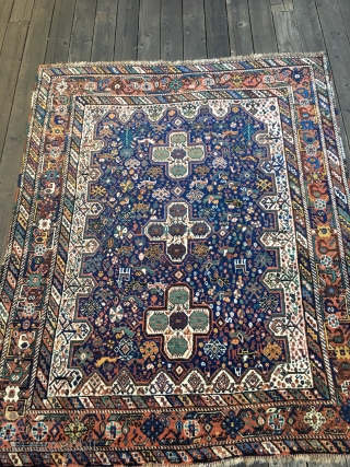 Gorgeous Antique Afshar from the early 20th Century. Great variety of all organic colors. Colorful field consisting of detail including birds and animals. Mostly full pile throughout. Original selvedges. Ends stabilized with  ...