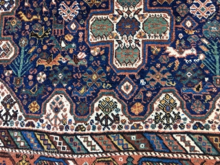 Gorgeous Antique Afshar from the early 20th Century. Great variety of all organic colors. Colorful field consisting of detail including birds and animals. Mostly full pile throughout. Original selvedges. Ends stabilized with  ...