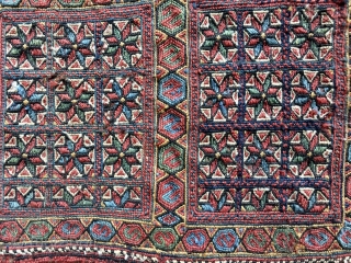 Rare Antique Baktiari Soumak Chanteh or small bag, 19 X 13 Inches. Probably late 19th Century. All natural colors including beautiful jewel-like blue and green. Good condition including original selvedges with some  ...