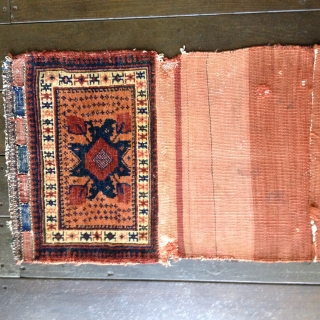 Late 19th Century Afshar Chanteh bag with kilim backing and loop closures. Very good original condition with medium pile throughout. Bright colors derived from all natural dyes. Size 18" X 14"/46X36cm closed;  ...