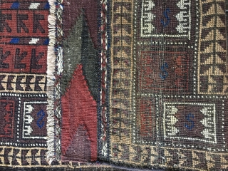 Unusual Design Antique Baluch Rug, probably Khorasan, with all natural colors. Good condition with lower pile in center. Outstanding original kilim ends with floating wefts in white cotton. Selvages partially replaced or  ...