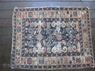 Small and fine Shirvan Perepedil rug, ca 1880s, with good colors and design. Parts in distressed condition as seen in photos. However, this piece is complete with only some fraying of original  ...