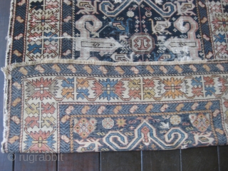 Small and fine Shirvan Perepedil rug, ca 1880s, with good colors and design. Parts in distressed condition as seen in photos. However, this piece is complete with only some fraying of original  ...