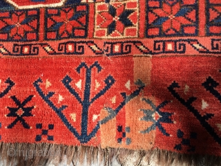 Rare, large and colorful Ersari Chuval circa 1875. Outstanding Ikat design. All natural colors including reds, three blues, green blue and a brilliant yellow. Measures 5'4" X 3'2" or 163 X 97cm.  ...