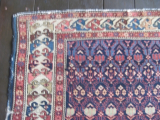 Small Shirvan rug, ca 3rd Qtr 19th C. Beautiful field pattern. Chichi? All natural colors. Fine weave. Unusual wear found almost only in the borders. Complete, and a good candidate for restoration.  ...