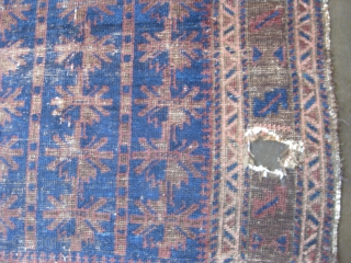 Baluch Timuri prayer rug, ca 19th C. Almost square format. Contains that great blue for which this type is well known. Some overall wear with a 4" hole on the right border.  ...