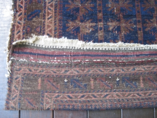 Baluch Timuri prayer rug, ca 19th C. Almost square format. Contains that great blue for which this type is well known. Some overall wear with a 4" hole on the right border.  ...