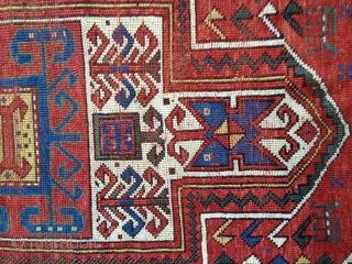 Small Antique Sewan Kazak rug, probably late 19th C. Bright saturated natural colors including nice lemon yellow and a generous use of green. Condition: even wear with some knots showing. No repairs  ...