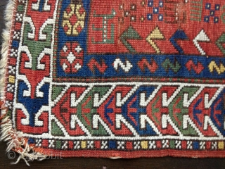 Small Antique Sewan Kazak rug, probably late 19th C. Bright saturated natural colors including nice lemon yellow and a generous use of green. Condition: even wear with some knots showing. No repairs  ...