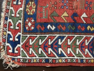 Small Antique Sewan Kazak rug, probably late 19th C. Bright saturated natural colors including nice lemon yellow and a generous use of green. Condition: even wear with some knots showing. No repairs  ...