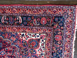 Gorgeous Antique Mashad rug, early 20th C. Beautiful all natural colors with good medium pile, some lower areas in center, a fold wear about 3" long near center, and some oxidation of  ...