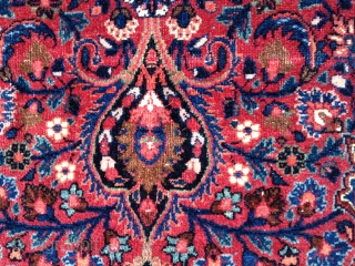 Gorgeous Antique Mashad rug, early 20th C. Beautiful all natural colors with good medium pile, some lower areas in center, a fold wear about 3" long near center, and some oxidation of  ...