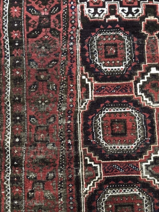 Unusual Antique Khorasan Baluch from Northeast Persia circa late 19th Century. Good condition with all natural colors including generous use of aubergine or purple-brown. Four cord selvedges. Some oxidation of khaki-brown and  ...