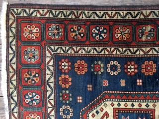 Antique Sewan Kazak Rug. Early 20th Century, 1910-1920. Lovely all organic colors including a natural orange and nice greens and blues. Original side cords and ends. Size 88"X 45"/223 X 114cm. Good  ...