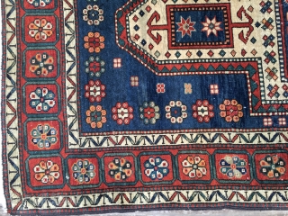 Antique Sewan Kazak Rug. Early 20th Century, 1910-1920. Lovely all organic colors including a natural orange and nice greens and blues. Original side cords and ends. Size 88"X 45"/223 X 114cm. Good  ...