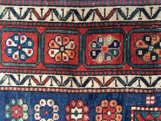 Antique Sewan Kazak Rug. Early 20th Century, 1910-1920. Lovely all organic colors including a natural orange and nice greens and blues. Original side cords and ends. Size 88"X 45"/223 X 114cm. Good  ...