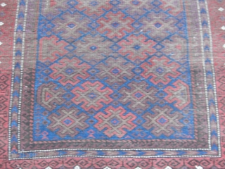 Late 19th C. Baluch rug, Good natural colors including a great electric blue. Overall low pile with wear as shown. Retaining kilim ends and original selvedges. Size 65X32in/165X81cm. Washed. Reasonable. Price reduced.  ...