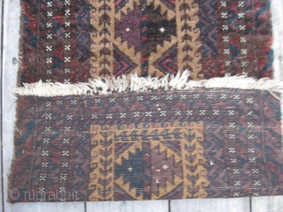 Antique Balisht, late 19th C. Beautiful glossy wool in full pile. Good colors including aubergine. Camel hair center. Missing selvedges, otherwise very good condition. Size 28" x 17" (71 x 43cm). Washed.  ...