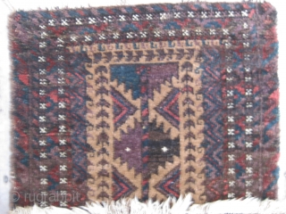 Antique Balisht, late 19th C. Beautiful glossy wool in full pile. Good colors including aubergine. Camel hair center. Missing selvedges, otherwise very good condition. Size 28" x 17" (71 x 43cm). Washed.  ...