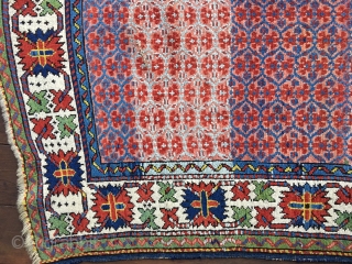 Antique Caucasian Kuba rug circa 1890. Very good condition. All natural saturated colors including yellow, a brilliant green and bright blues Medium/low to near full pile. Nice abrash in field. Original selvedges.  ...