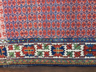 Antique Caucasian Kuba rug circa 1890. Very good condition. All natural saturated colors including yellow, a brilliant green and bright blues Medium/low to near full pile. Nice abrash in field. Original selvedges.  ...