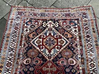 A very nice dated antique Qashqai tribal rug from Southwest Persia, size: ca. 210x150cm / 7ft by 5ft . The rug is dated in one corner: 1325      