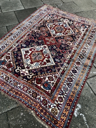 A very nice dated antique Qashqai tribal rug from Southwest Persia, size: ca. 210x150cm / 7ft by 5ft . The rug is dated in one corner: 1325      