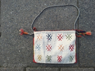 Lovely small flat woven Qashqai personal bag or so called "chanteh", very nice tribal weaving from Qashqai tribes of Southwest Persia. Wool pattern on cotton foundation, size: 25x20cm , very nice collector´s  ...