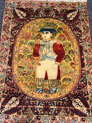 Fine antique Persian Kirman pictorial rug displaying Napoleon Bonaparte. Size: ca. 87x62cm / 2'9''ft by 2'1''ft                 