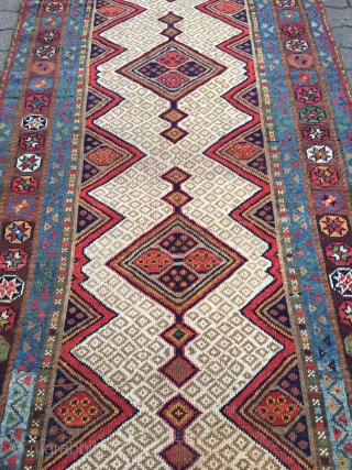 Very decorative antique Kurdish tribal runner, size: ca. 435x102cm / 14'3''ft x 3'3''ft good overall condition, sides and ends rebound. www.najib.de            