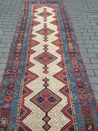 Very decorative antique Kurdish tribal runner, size: ca. 435x102cm / 14'3''ft x 3'3''ft good overall condition, sides and ends rebound. www.najib.de            