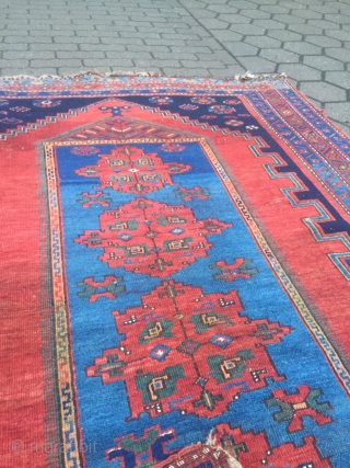 Antique Kazak rug with a beautiful sky blue center. Size: ca. 235x155cm / 7'7''ft x 5'1''ft , some localized wear.             