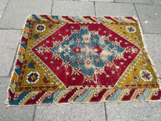 A colorful antique village rug from West-Anatolia ( Dazkiri / Denizli region) size: circa 120x95cm / 4ft by 3’1ft some condition problems but reasonably priced. http://www.najib.de       