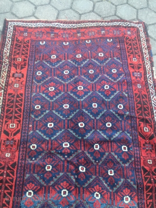 Antique Baluch inspired Luri (?) rug from Southwest Persia. Glossy, shiny wool and beautiful vivid indigo blue color. Very nice "Mina Khani" drawing. Size: 260x130cm / 8'5''ft x 4'3''ft, one small sewn  ...