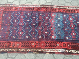 Antique Baluch inspired Luri (?) rug from Southwest Persia. Glossy, shiny wool and beautiful vivid indigo blue color. Very nice "Mina Khani" drawing. Size: 260x130cm / 8'5''ft x 4'3''ft, one small sewn  ...