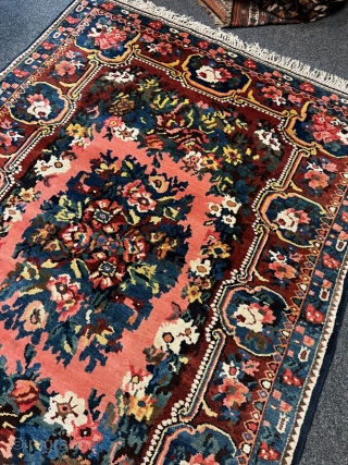 For flower lovers: A fine antique Persian Bakhtiary rug displaying a garden full of roses. This rug was woven in the village of Paradombeh, the design is inspired by French Aubussons. Age:  ...