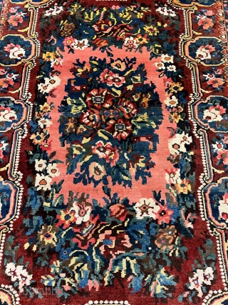 For flower lovers: A fine antique Persian Bakhtiary rug displaying a garden full of roses. This rug was woven in the village of Paradombeh, the design is inspired by French Aubussons. Age:  ...