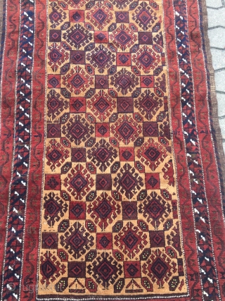 Antique camel ground Baluch rug with beautiful hooked motifs, saturated colors, pepper backside. Size: ca. 170x90cm / 5'9''ft x 3ft             