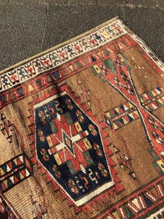 Antique Kurdish rug with a beautiful camel ground color, size: 187x110cm / 6'2''ft x 3'6''ft                  