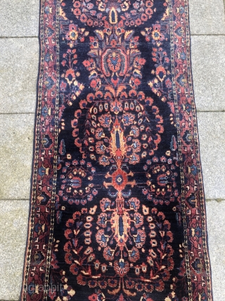 A highly decorative antique blue ground Persian Saruk Mohajeran runner. Long and narrow size: ca. 475x75cm / 15'6''ft by 2'5''ft             