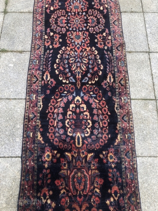 A highly decorative antique blue ground Persian Saruk Mohajeran runner. Long and narrow size: ca. 475x75cm / 15'6''ft by 2'5''ft             