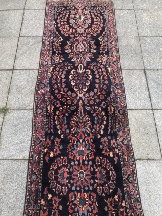 A highly decorative antique blue ground Persian Saruk Mohajeran runner. Long and narrow size: ca. 475x75cm / 15'6''ft by 2'5''ft             