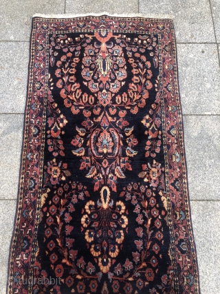 A highly decorative antique blue ground Persian Saruk Mohajeran runner. Long and narrow size: ca. 475x75cm / 15'6''ft by 2'5''ft             