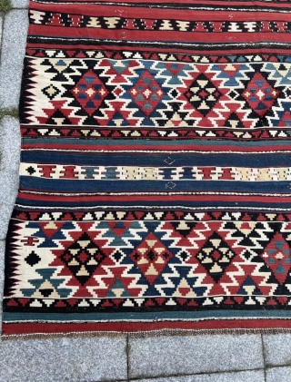 A colorful antique Caucasian Shirvan kilim from the 19th century, size: ca. 305x160cm / 10ft by 5‘3ft a few tiny old moth holes, otherwise good condition.       