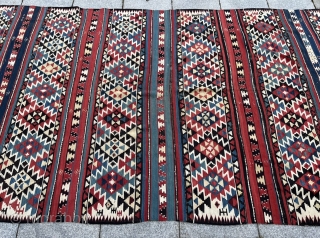 A colorful antique Caucasian Shirvan kilim from the 19th century, size: ca. 305x160cm / 10ft by 5‘3ft a few tiny old moth holes, otherwise good condition.       