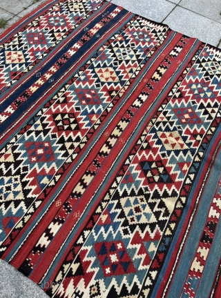 A colorful antique Caucasian Shirvan kilim from the 19th century, size: ca. 305x160cm / 10ft by 5‘3ft a few tiny old moth holes, otherwise good condition.       