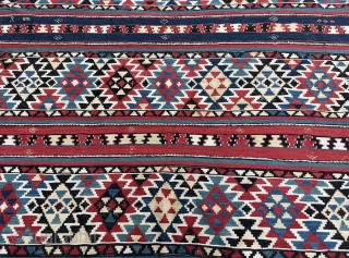 A colorful antique Caucasian Shirvan kilim from the 19th century, size: ca. 305x160cm / 10ft by 5‘3ft a few tiny old moth holes, otherwise good condition.       