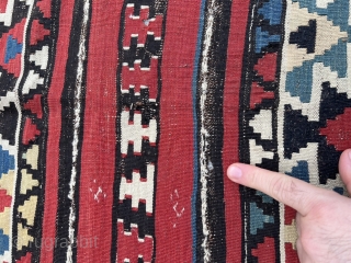 A colorful antique Caucasian Shirvan kilim from the 19th century, size: ca. 305x160cm / 10ft by 5‘3ft a few tiny old moth holes, otherwise good condition.       