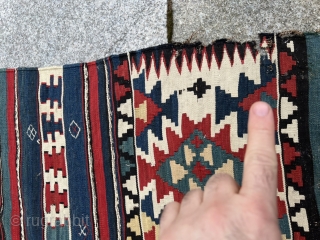 A colorful antique Caucasian Shirvan kilim from the 19th century, size: ca. 305x160cm / 10ft by 5‘3ft a few tiny old moth holes, otherwise good condition.       